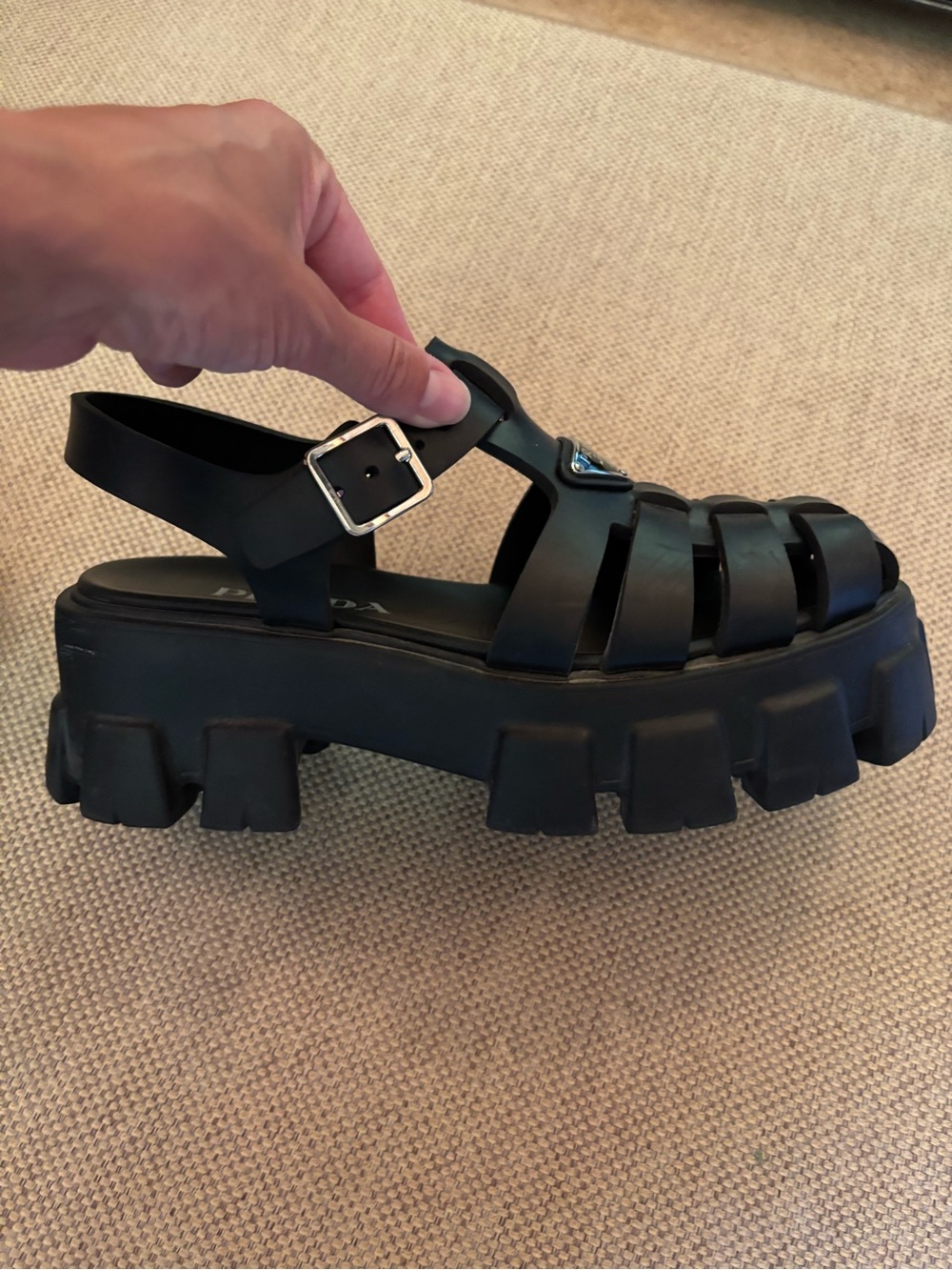 Prada Black Fisherman Sandals with Logo Plaque - Picture 5 of 15